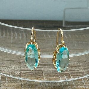 Large Aqua Stone & Gold Tone Earrings